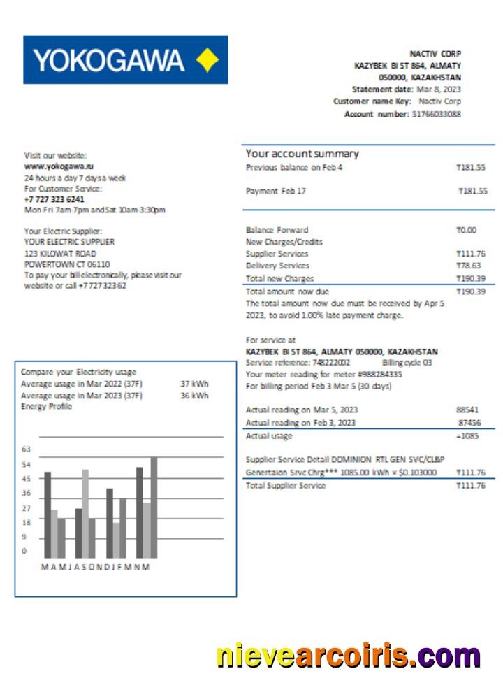 Yokogawa Electric Kazakhstan Ltd. utility business bill